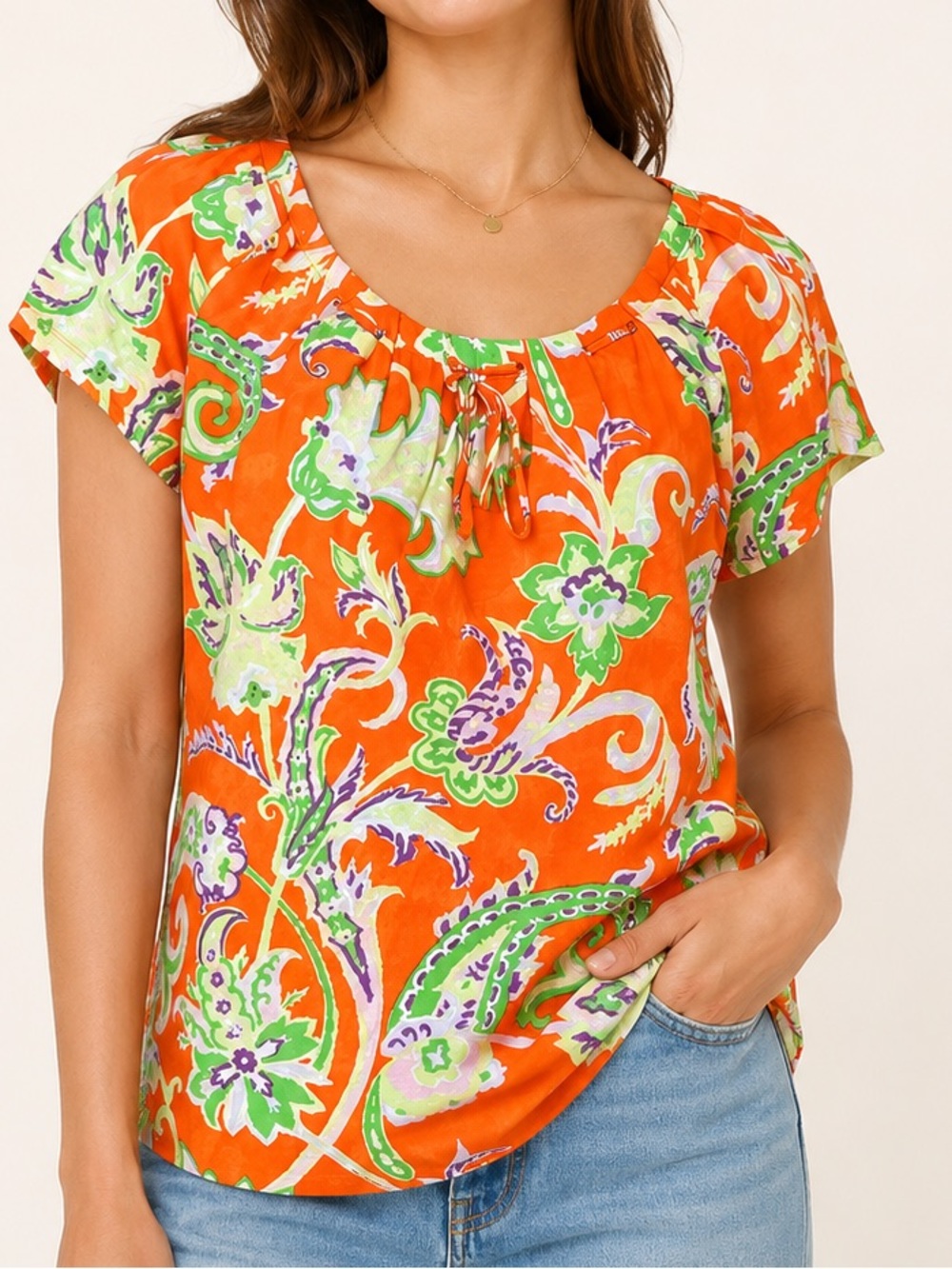 Lauren Ralph Lauren Orange Paisley Cotton Peasant Top Size Large